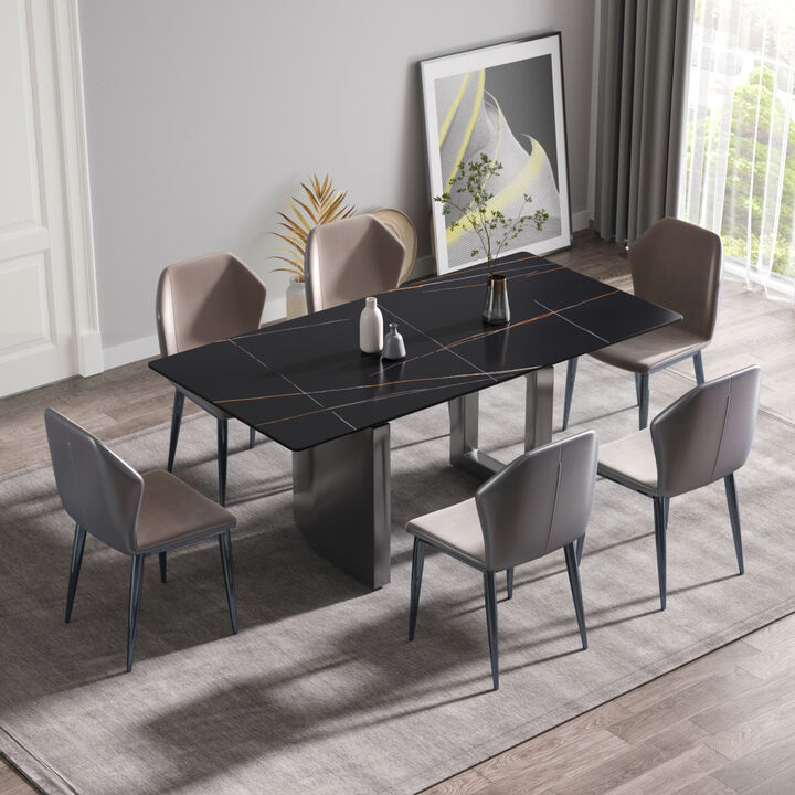 70.87" modern artificial stone black straight edge black metal leg dining table-can accommodate 6-8 people