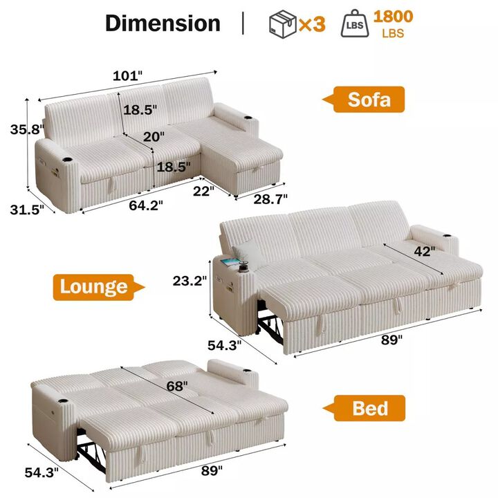 101" Corduroy Sectional Sleeper Sofa Bed with Pull-Out Bed, Reclining Backrest, Reversible Storage