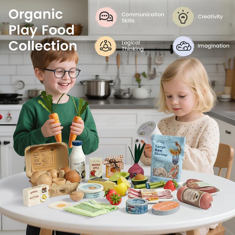Wooden Play Food for Kids Kitchen, Pretend Food Meat Set Toy - 6Pcs Seafood & Meat Set for Kid, Play Kitchen Accessories, Montessori Toy image number 2