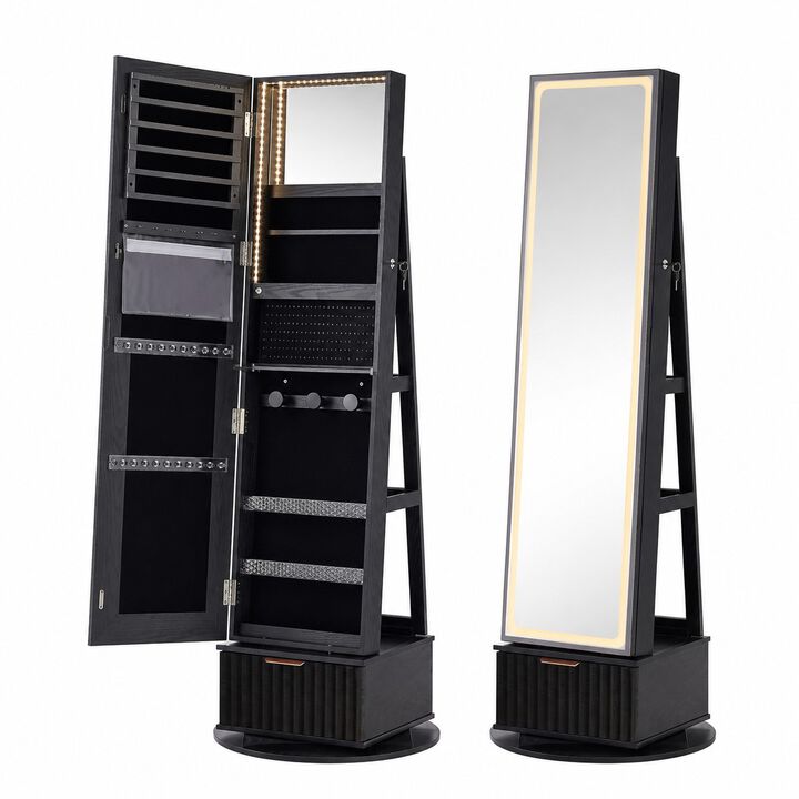 360&deg; Swivel Jewelry Cabinet with Full-Length Mirror, Lockable Storage, LED Lights and Rear Shelves