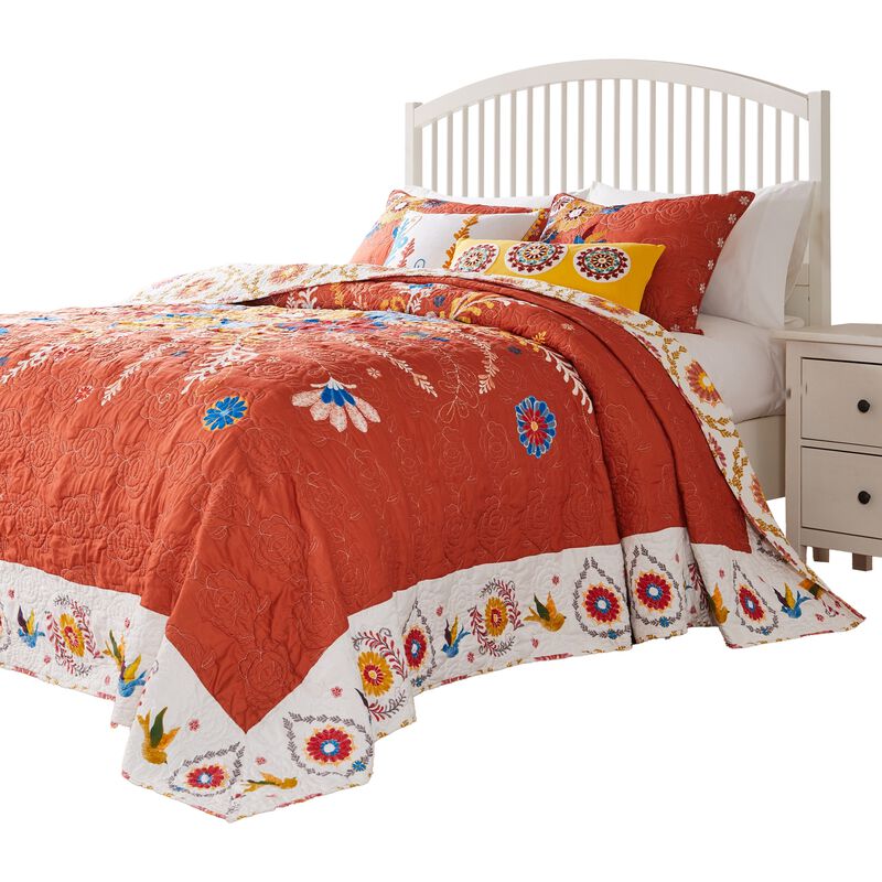 Xan 3pc King Bedspread and Pillow Sham Set, Bouquet Print, Multicolor - Benzara