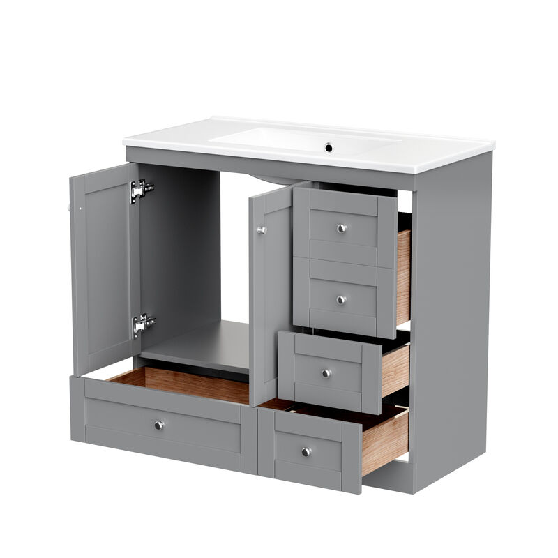 Whisen Shaker Style Free-Standing Bathroom Vanity Cabinet with Ceramic Sink, 4 Soft-close Drawers and 2 Soft-close doors