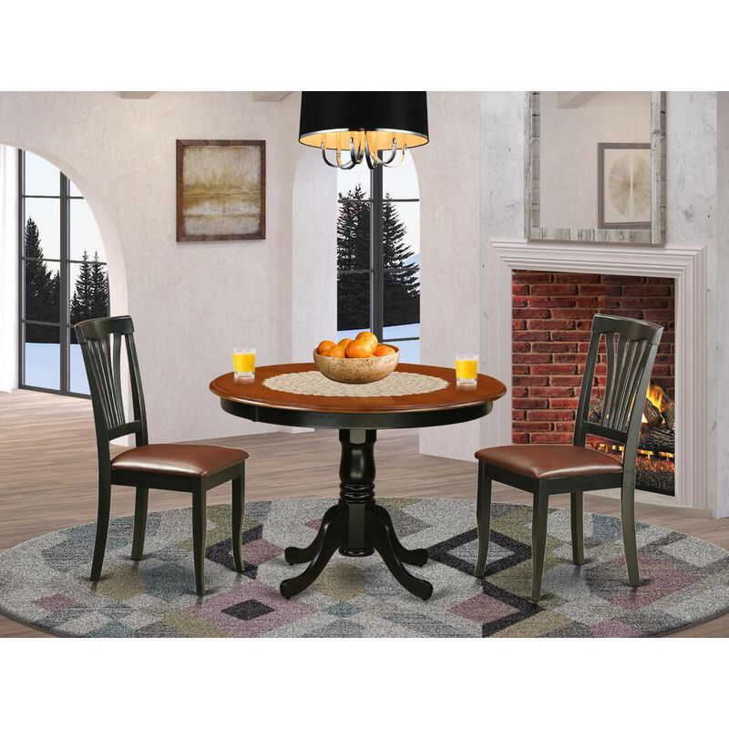 3 Pc set with a Round Small Table and 2 Leather Dinette Chairs in Black
