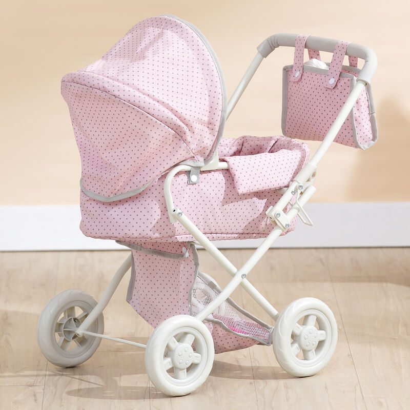 Olivia's Little World Polka Dot Princess Baby Doll Pram Stroller with Retractable Canopy & Storage, Pink/Gray