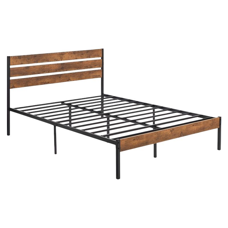 Sturdy Platform Bed Frame with Brown Wood Slats and Industrial Metal Design
