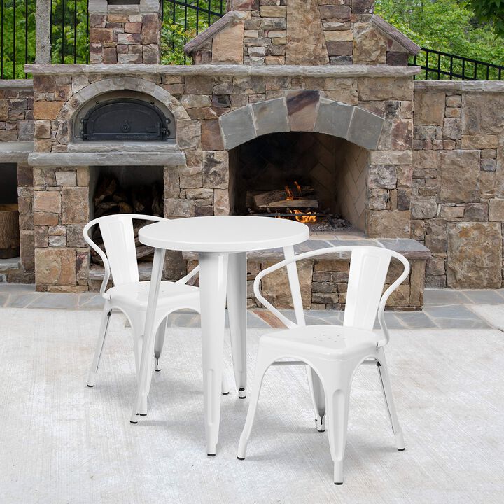 Flash Furniture Napoleon Commercial Grade 24" Round White Metal Indoor-Outdoor Table Set with 2 Arm Chairs
