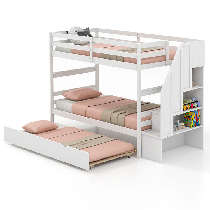 Home Wood Bunk Bed with Guard Rail and 4-step Storage Stairs No Box Spring Needed
