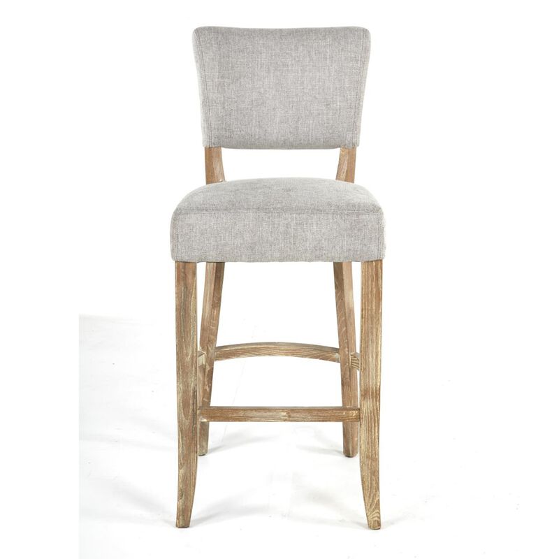 Ryna Barstool Chair, Plush Light Gray Fabric, Washed Oak Solid Wood