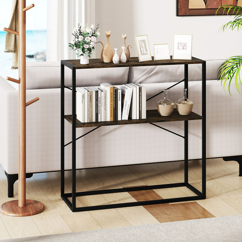 2 Tier Entryway Console Table with Wooden Shelves and Metal Frame image number 4