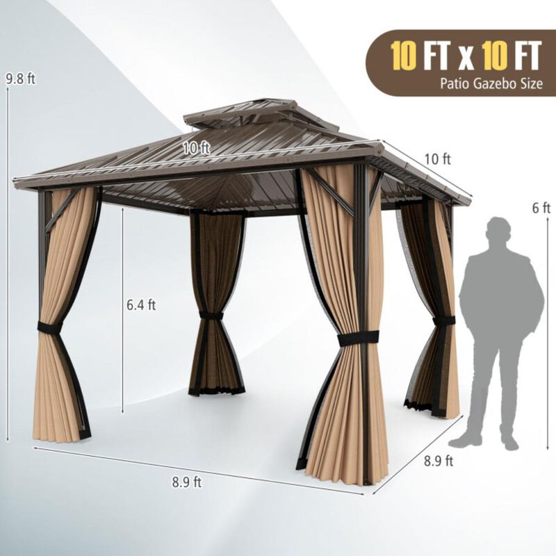 Hivvago Hardtop Gazebo with Netting and Curtain and Double-Roof Galvanized Metal Top image number 9