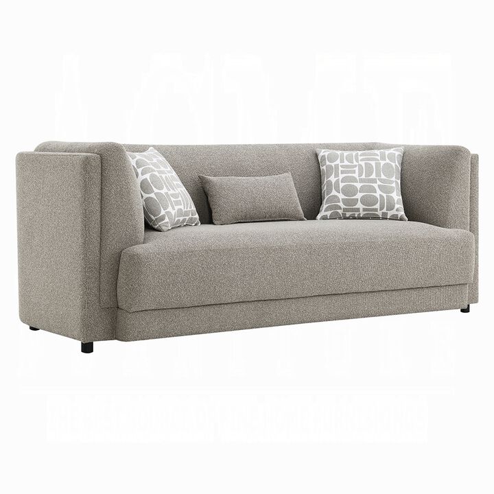 Gely 87 Inch Sofa with 3 Accent Pillows, Straight Arms, Gray Chenille