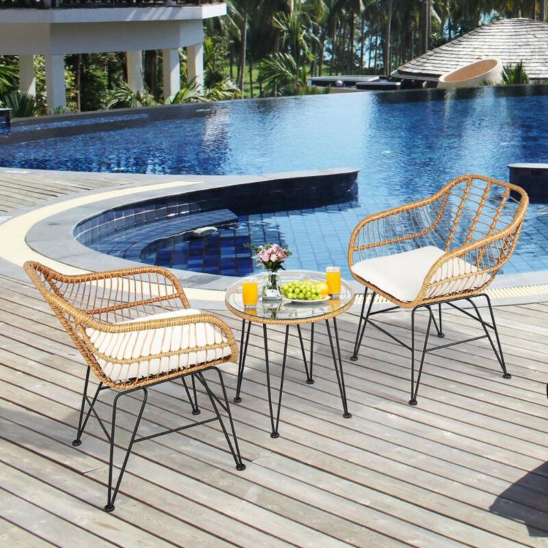 Hivvago 3 Pieces Rattan Furniture Set with Cushioned Chair Table