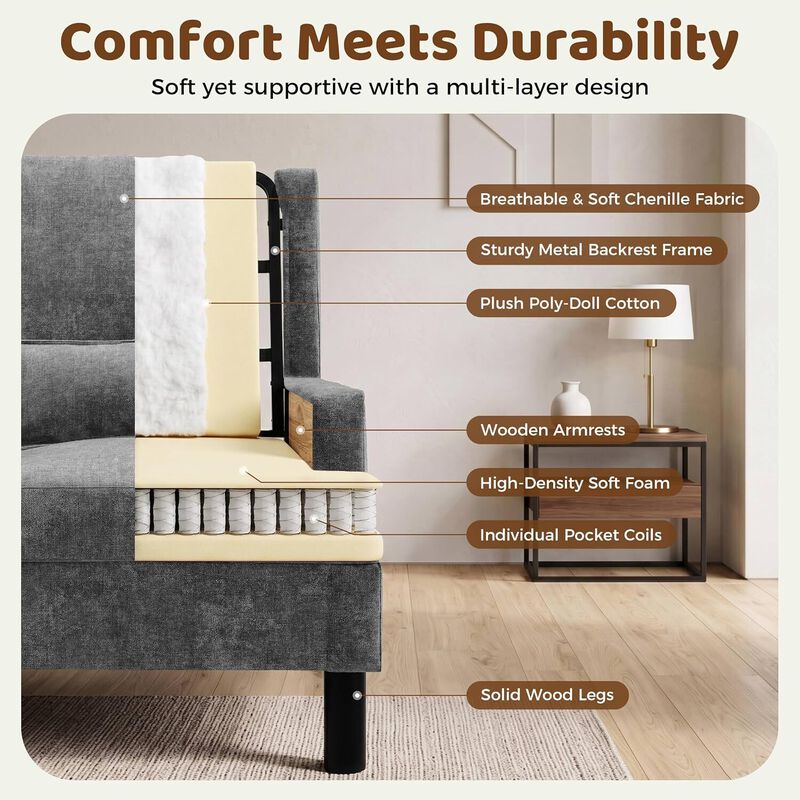 Upholstered Wingback Accent Chair, Modern Reading Armchair for Living Room, Bedroom, Grey image number 5