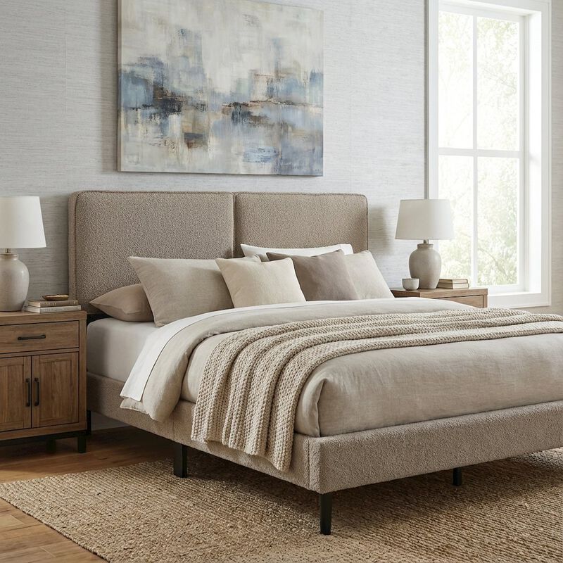 Boucle Fabric Queen Headboard in Soft Neutral with Padded Upholstery image number 3