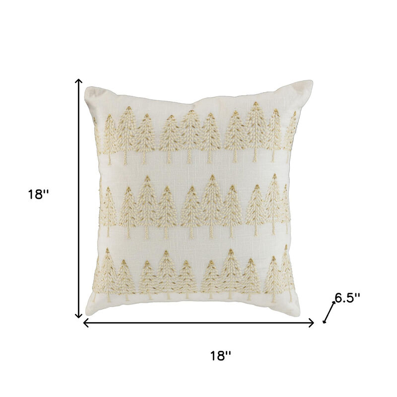 HomeRoots 18" Ivory And Gold Cotton Christmas Trees Throw Pillow With Embroidery image number 4