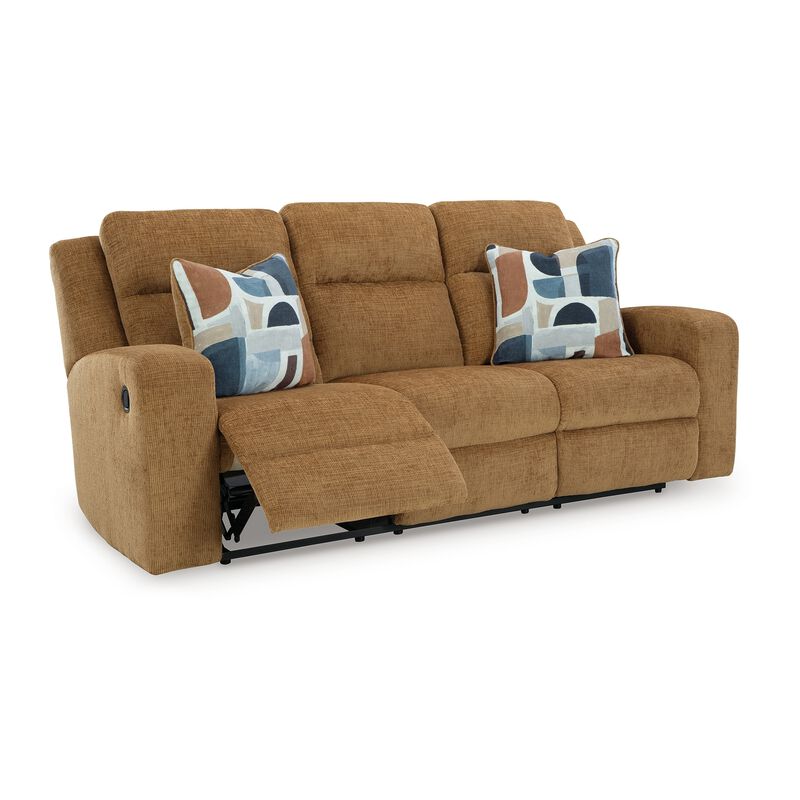 Damon Manual Reclining Sofa, Camel Brown Polyester, 2 Pillows, 86 Inch - Benzara