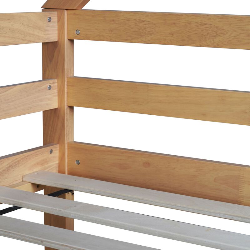 Whisen Twin over Twin Rubber Wood House-Shaped Floor Bunk Bed with ladder and Safety Guardrails - Gray