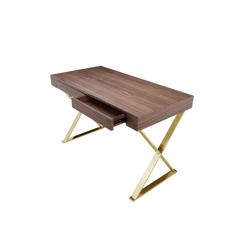 Ada Office Desk, 2 Drawers, Walnut Brown, Gold X Steel Legs, 47 Inch - Benzara