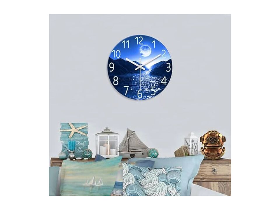 Blue Moon Glass Nature Wall Clock 12 Inch Silent Non Ticking Modern