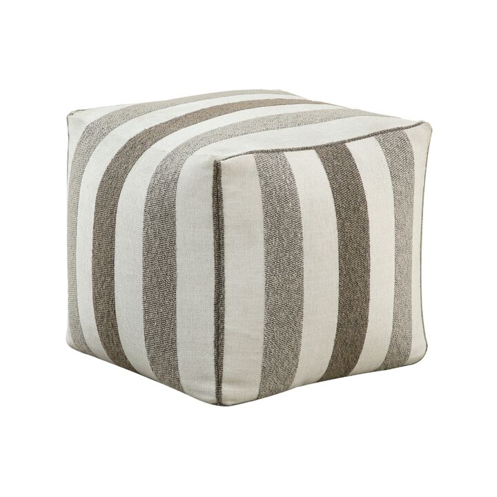 Modern Pouf Ottoman, White and Taupe Striped Jacquard, 16 Inch Square