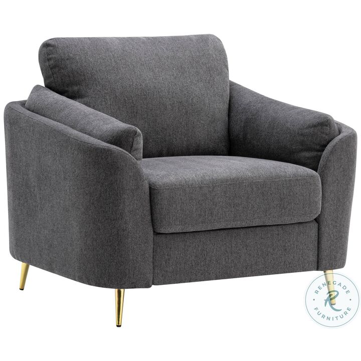 Jace 35 Inch Accent Chair, Dark Gray Polyester, Gold Metal Legs, Pillow Back-Benzara