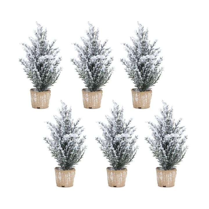 Set of 6 Flocked Holiday Pine Trees with Plastic Pots for Christmas and Holiday Décor