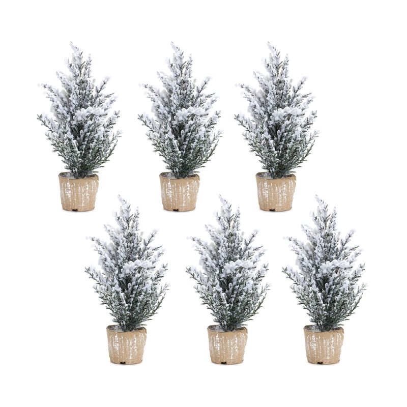 Set of 6 Flocked Holiday Pine Trees with Plastic Pots for Christmas and Holiday Décor
