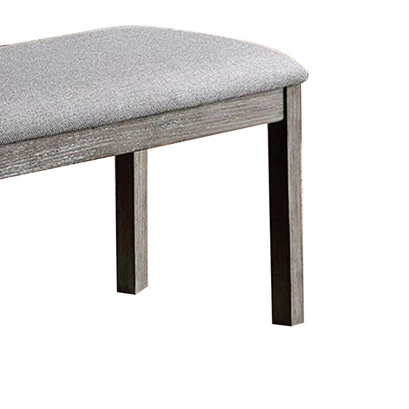 Lais 45 Inch Dining Bench, Wired Brushed Gray Wood, Gray Fabric Padded Seat - Benzara