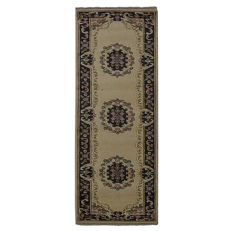 Rugsotic Carpets Hand Knotted Aras Wool 2'6''x10' Runner Area Rug Oriental Ivory Blue AR0101
