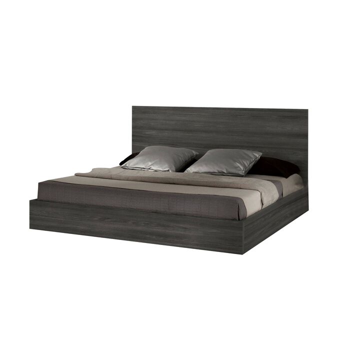 Noe Kamp King Bed with Tall Panel Headboard, Low Profile, Gray Elm Veneer - Benzara