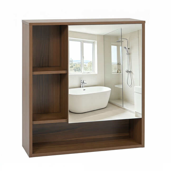 Bathroom Wall Mirror Cabinet with 2 Hidden Shelves and 3 Open Cubbies