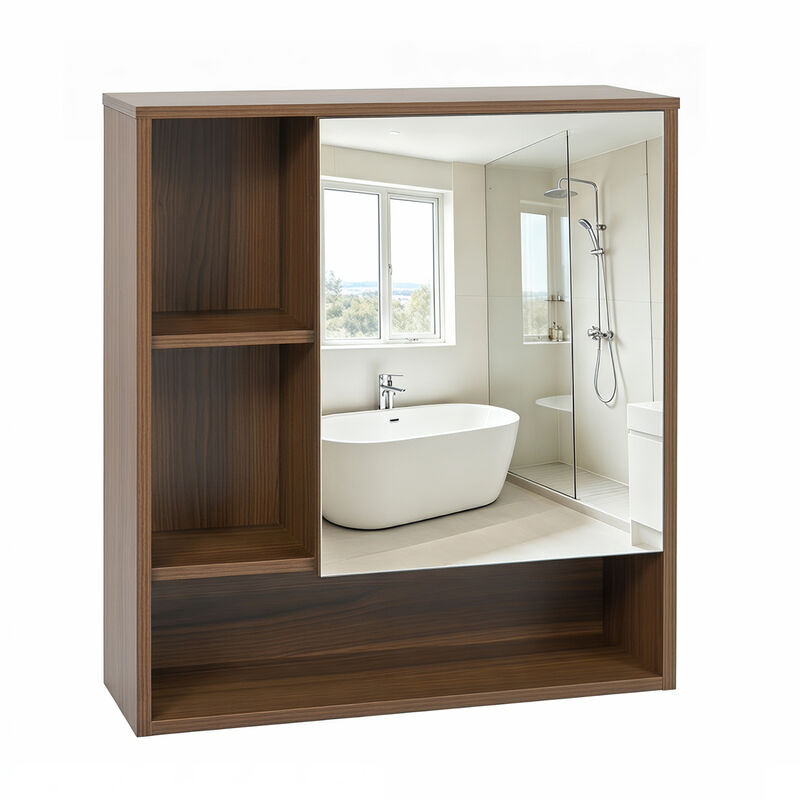 Bathroom Wall Mirror Cabinet with 2 Hidden Shelves and 3 Open Cubbies image number 0