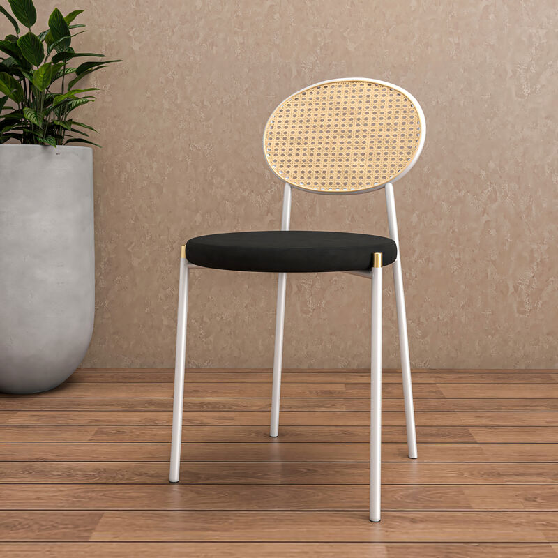 LeisureMod Velvet Dining Chair Rattan Back Side Chair Comfortable Kitchen Chair with Stainless Steel Base Euston Collection