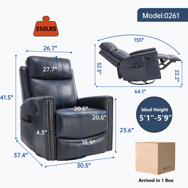 Genuine Leather Heat Massage Manual Recliner Chair with Rocker and Swivel for Living Room image number 2