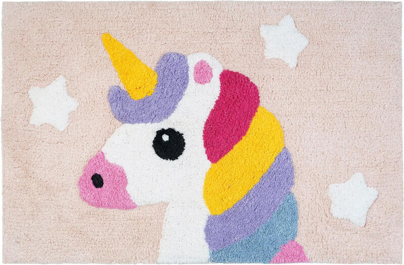 HomeRoots 32" Pink And Yellow Cotton Unicorns Youthful Bath Rug image number 0