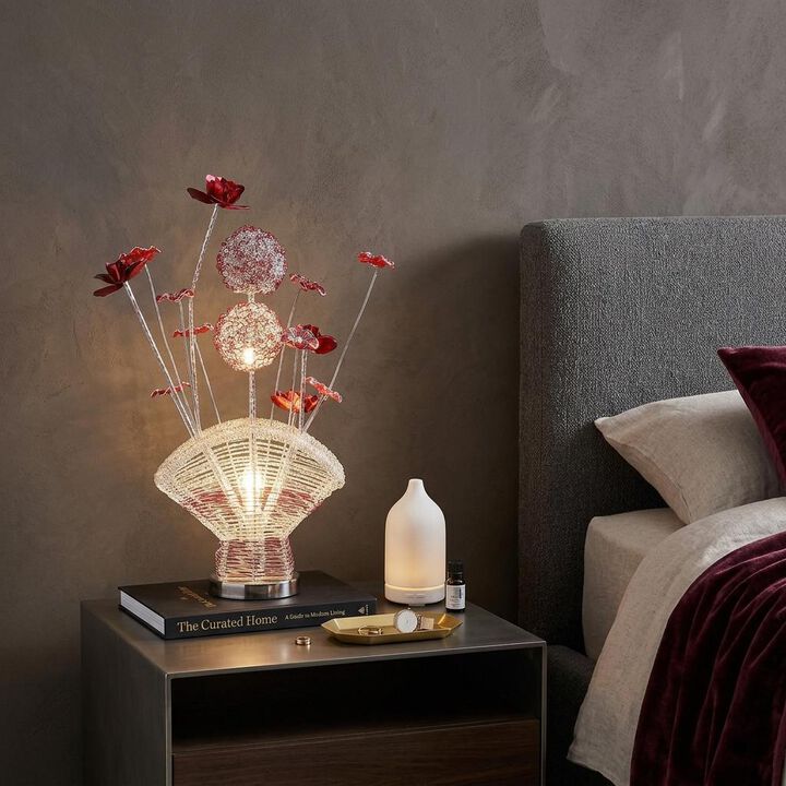 HomeRoots 22" Silver and Clear Metal and Acrylic Red Rose Bedside Lamp