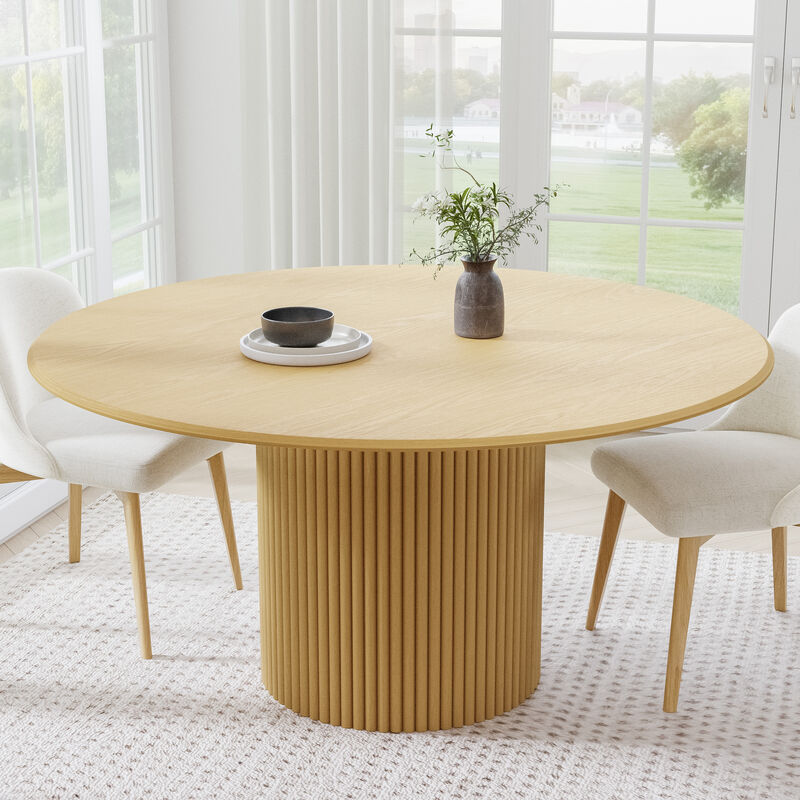 60 Inch Round Natural Wood Dining Table Seats 4-6 People, Suitable for Living Room and Dining Room