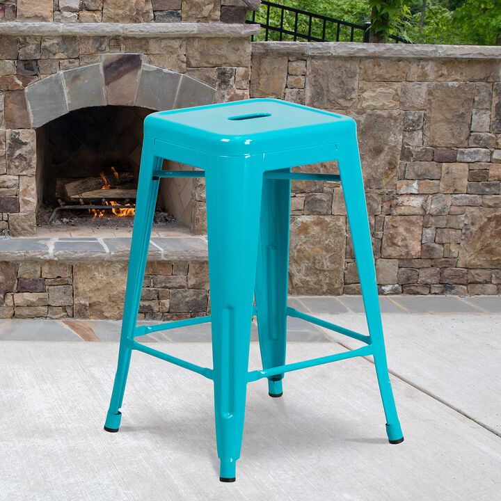 Flash Furniture Kai Commercial Grade 24" High Backless Crystal Teal-Blue Indoor-Outdoor Counter Height Stool