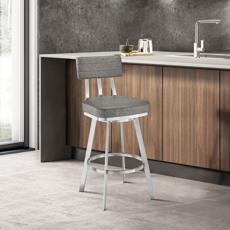 Jinab Swivel Stool in Brushed Stainless Steel with Black Faux Leather