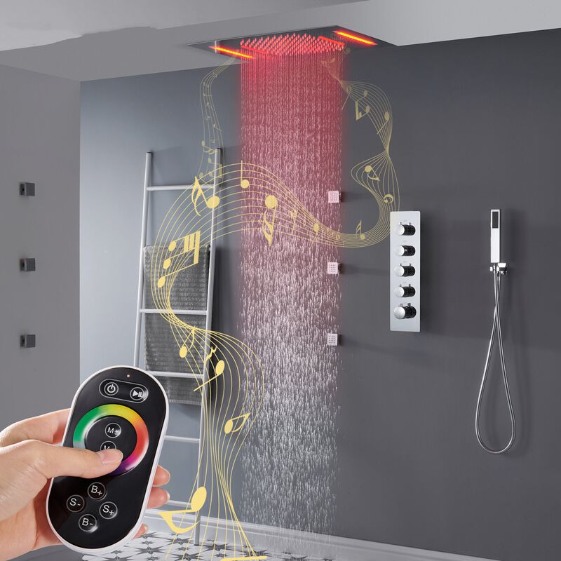 Mondawe 64 Colors LED Light and Music 3 Functions 4 Sprays Flush Ceiling Mounted Thermostatic Shower System with 6 Body Jets and Rough-in Valve in Titanium Gold