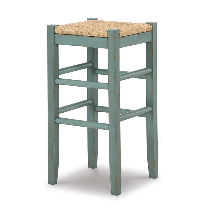 Anya Bar Height Stool Set of 2, Brown Woven Seat, 30 Inch Rustic Blue - Benzara