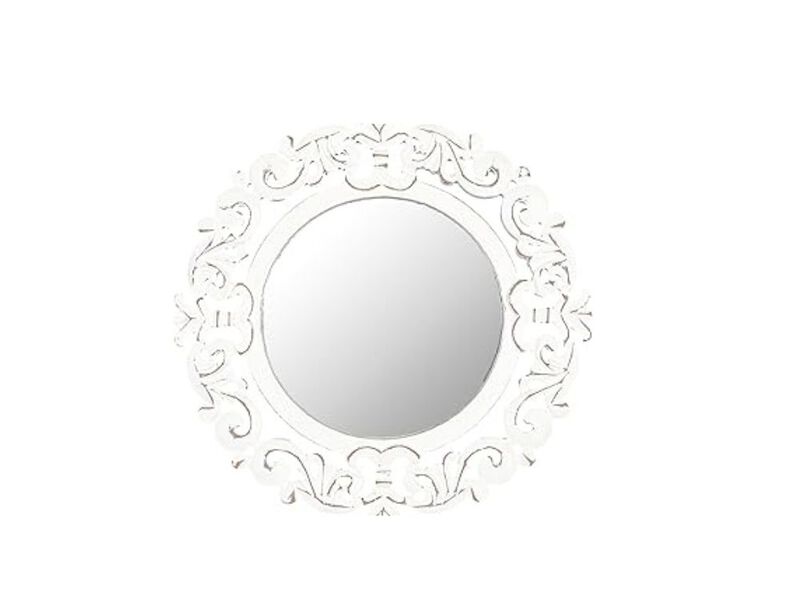 16" White Antique Round Mirror &ndash; Hand-Carved Rustic Farmhouse Accent
