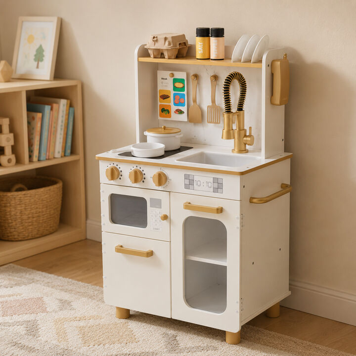 Teamson Kids Wooden Play Kitchen Set with 16 Accessories, Extendable Faucet, White Gold Compact Wooden Play Kitchen, Oven, Sink and Storage Little Chef Memphis