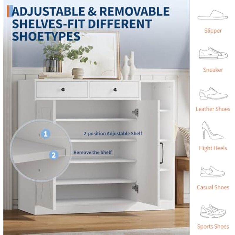 Entryway Shoe Storage Cabinet White 2 Barn Doors 2 Drawers image number 3