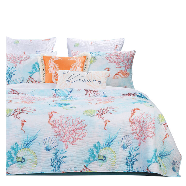 King Size 3 Piece Polyester Quilt Set with Coral Prints, Multicolor - Benzara