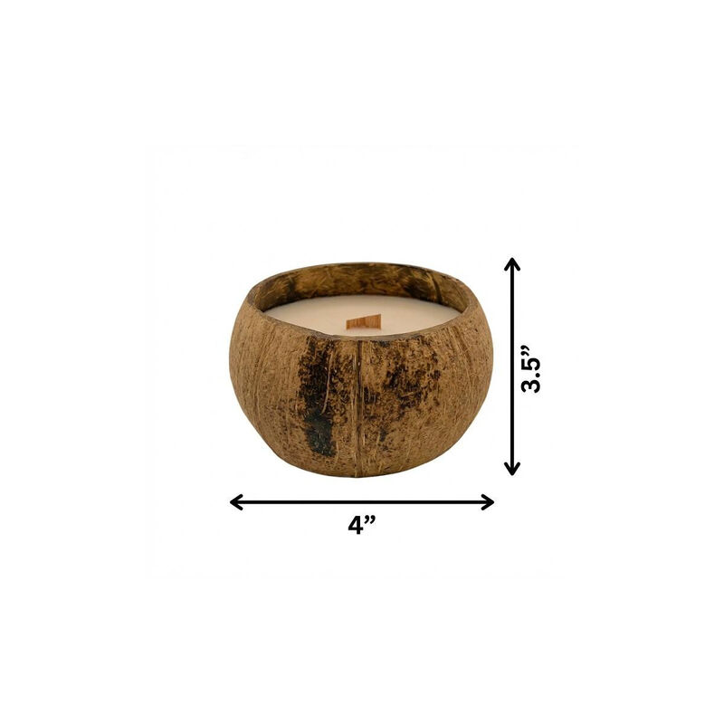 HomeRoots 4" Unscented Candle In Brown Coconut Shell Holder image number 2