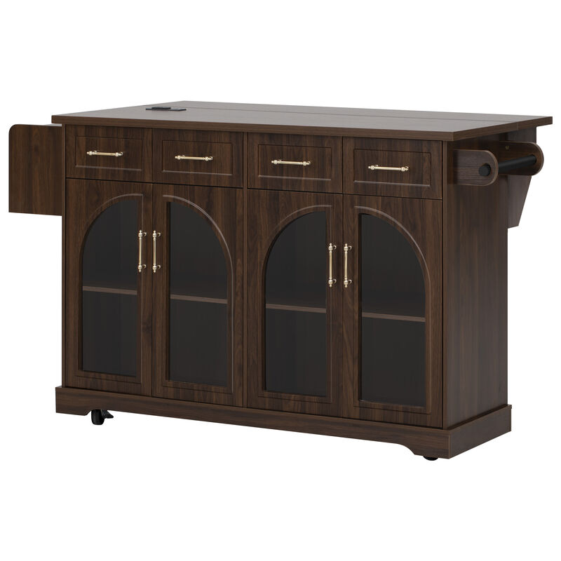 Merax Rolling Kitchen Island with Arched Tempered Glass Display Cabinets, Adjustable Shelves image number 0