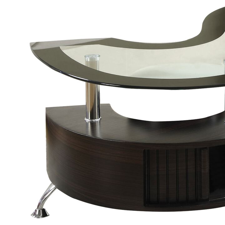 S Shape Contemporary Wood Base Coffee Table with Glass Top,Silver and Brown-Benzara