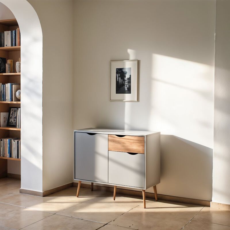 FurniFact White Sideboard with Drawer and Doors - Elegant White Storage Cabinet