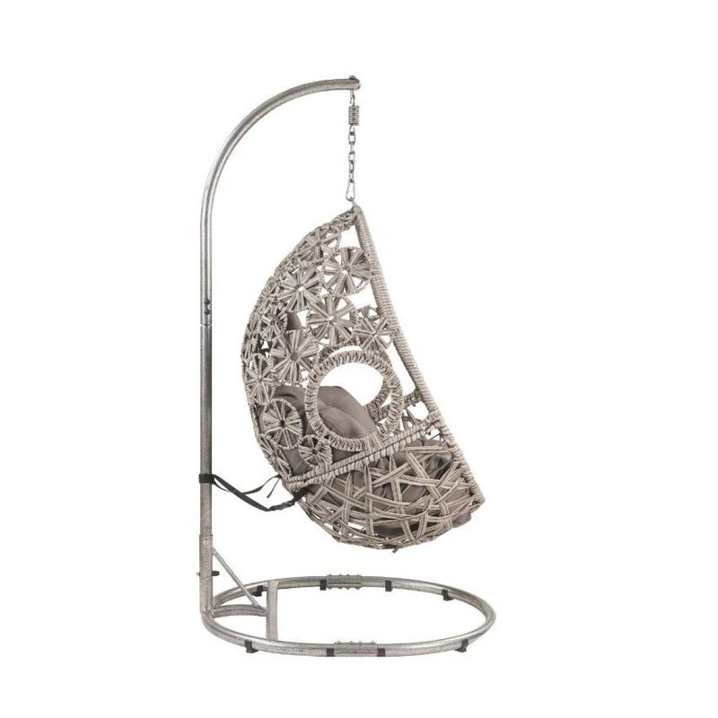Sigar Patio Hanging Chair with Stand, Light Gray Fabric & Wicker